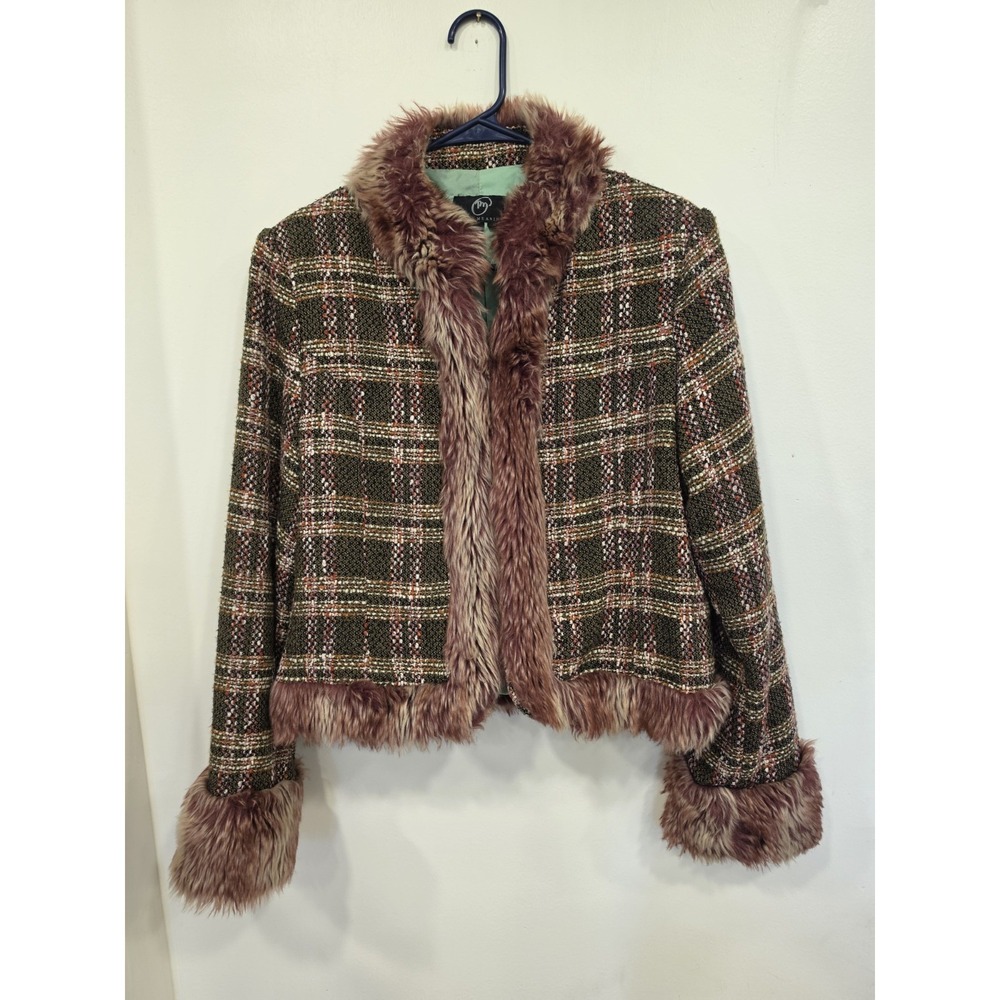 True Meaning Tweed Plaid Faux Fur Trim Jacket Women's Size 12 Y2K Gilmore Girls